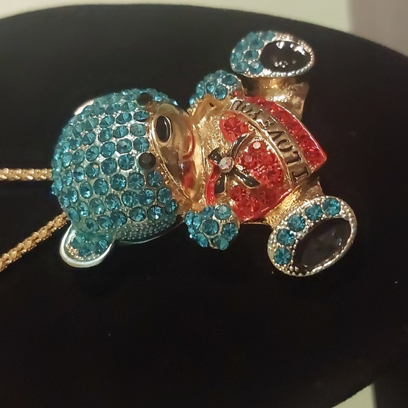 Betsey Johnson Gold Toned Blue Rhinestone Teddy Bear Red Heart Pendant Necklace - Picture 4 of 17